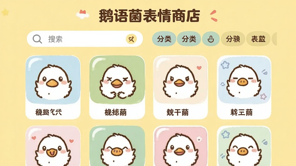 鹅语菌表情商店页面,展示多款可爱表情包,屏幕上有搜索框和分类标签,背景浅黄色,卡通风格,排版整齐,高画质,无多余元素