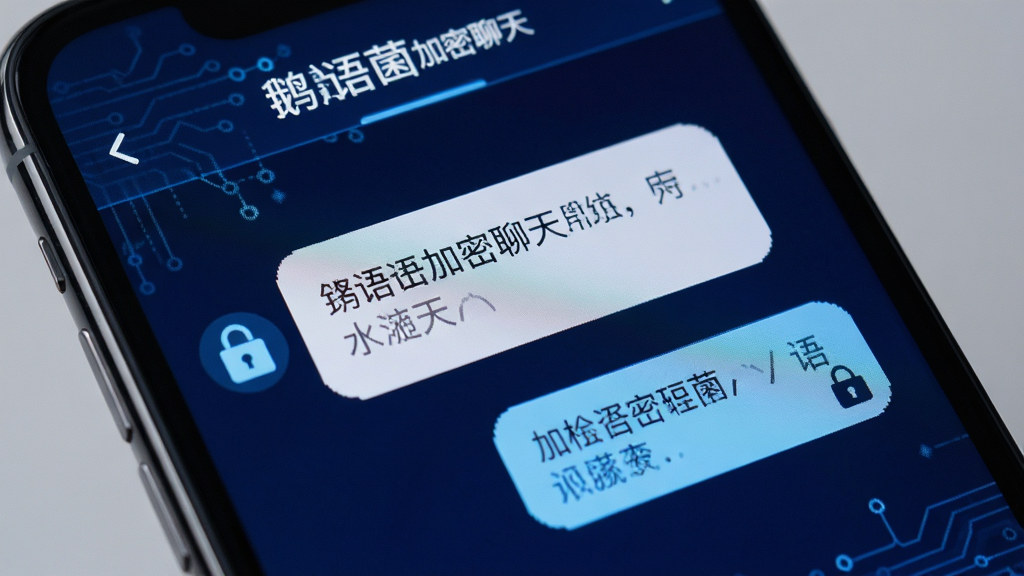 鹅语菌加密聊天界面,手机屏幕显示对话气泡带锁图标,背景深蓝色,科技感设计,文字清晰,高画质,无多余元素