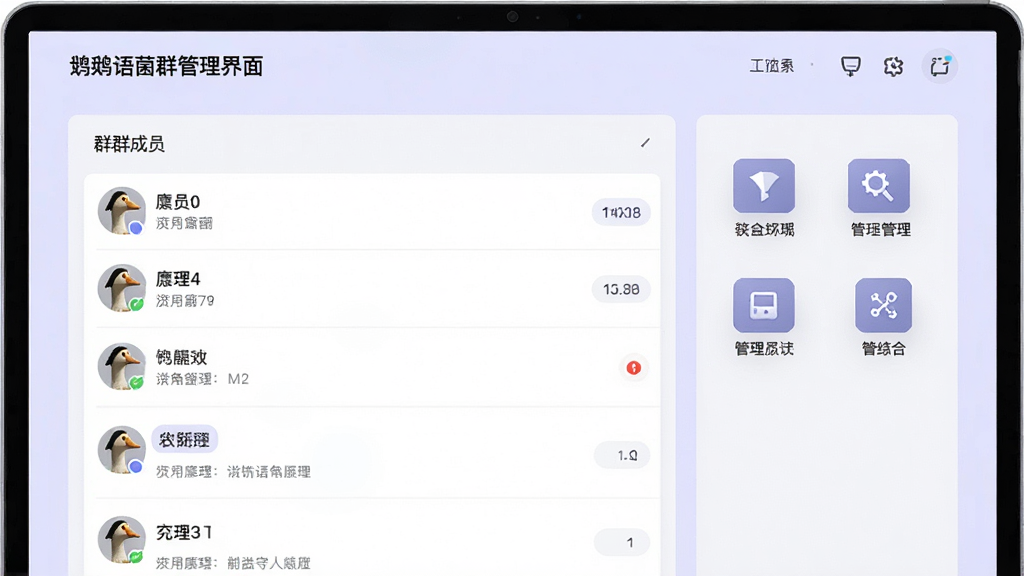 鹅语菌群管理界面,屏幕显示群成员列表和管理工具图标,背景淡紫色,简洁商务风格,布局合理,高画质,无多余元素