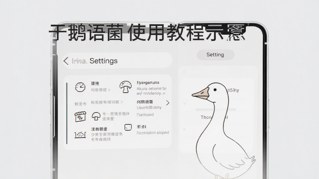 鹅语菌使用教程示意图,手机屏幕显示设置菜单,背景浅灰色,简洁线条风格,高画质,无多余元素