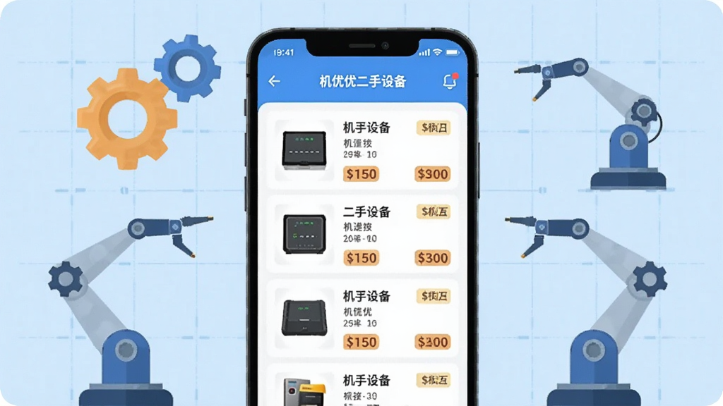 主体为一部正在运行机优优二手设备APP的智能手机,屏幕显示着各类二手设备列表与价格标签,手机周围悬浮着齿轮、机械臂等工业元素,背景为浅蓝色科技网格。布局采用手机居中、元素环绕的对称结构,排版干净一目了然。风格为现代扁平化插画,细节包含设备缩略图与“机优优二手设备”字样,画质清晰,干净无多余元素。