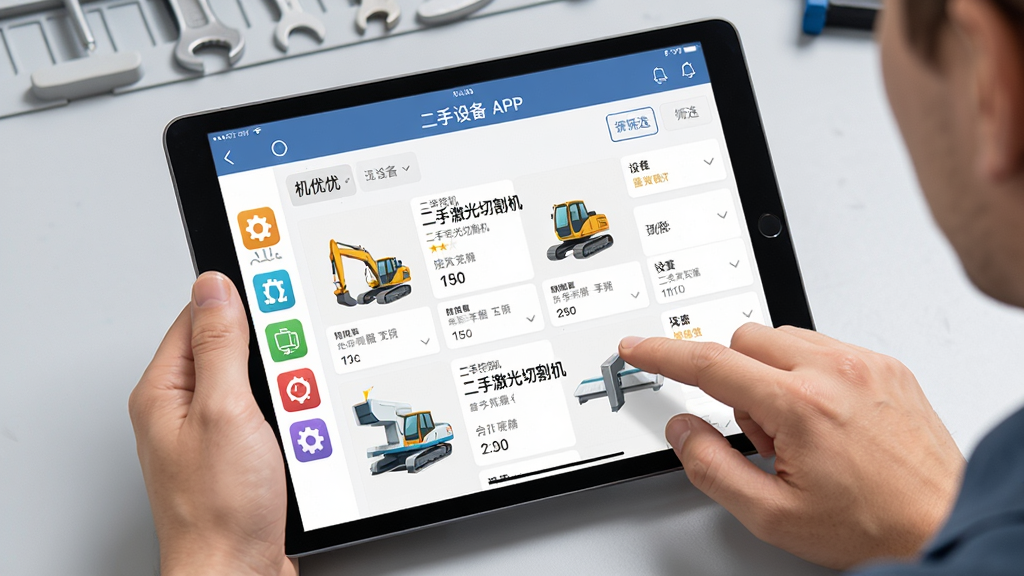 画面主体为一位用户正在使用平板电脑浏览机优优二手设备APP,屏幕显示分类清晰的设备列表与筛选选项。布局采用平板上手部操作的特写视角,左右两侧分布着代表不同行业的彩色小图标。风格为写实与插画结合,细节上突出APP界面内“二手挖掘机”、“二手激光切割机”等文字,画质高清,背景为干净的浅灰色工作台。