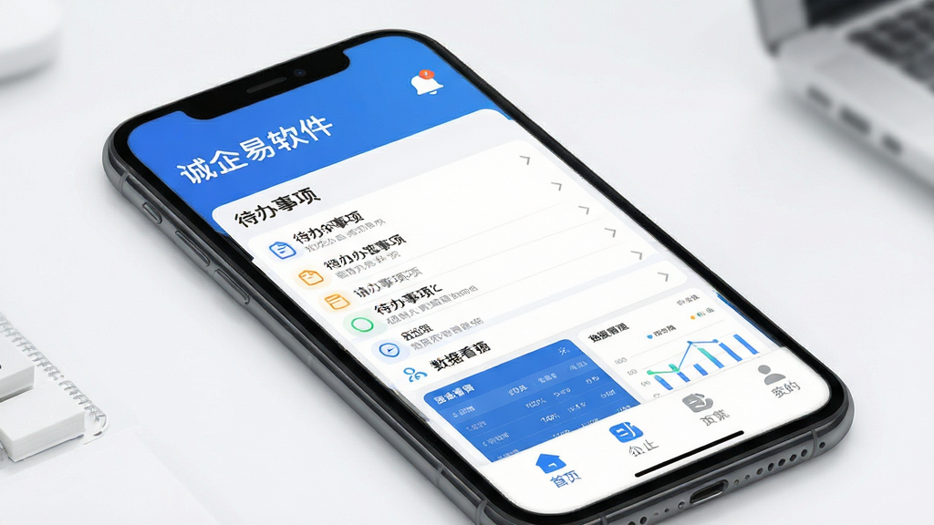 诚企易软件主界面展示,主体为手机屏幕上的企业办公应用界面,布局清晰,上方显示企业名称与通知图标,中部为待办事项列表与数据看板,下方为底部导航栏,整体风格简洁商务,以蓝色为主色调,搭配白色背景,细节上突出图标圆润与文字清晰,画质高清,干净,无多余元素