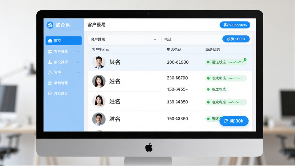 诚企易客户管理功能界面,主体为电脑屏幕上的客户列表页面,布局为左侧导航栏与右侧详细列表,排版整齐,展示客户头像、姓名、电话与跟进状态,风格现代简约,以浅蓝与白色为主,细节上突出数据清晰与操作按钮醒目,画质高清,干净,无多余元素