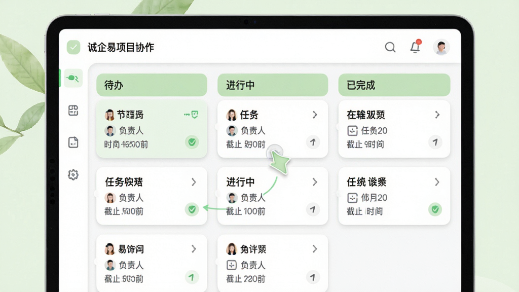 诚企易项目协作界面展示,主体为平板电脑上的项目看板,布局为多列任务卡片,按待办、进行中、已完成分类,卡片上显示任务名称、负责人与截止时间,风格清新自然,以淡绿色与白色为主,细节上突出卡片圆角与拖拽交互,画质高清,干净,无多余元素