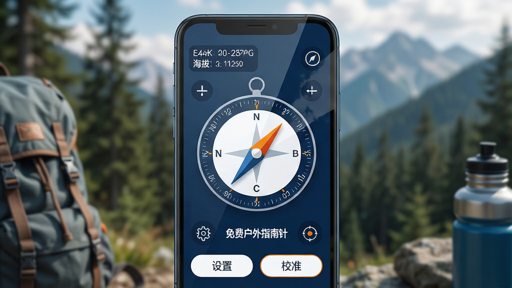 主体:一部智能手机屏幕正中央显示“免费户外指南针”应用界面,罗盘表盘清晰可见,背景为模糊的森林与山脉。布局:手机居中,界面元素完整呈现,罗盘指针指向北方,左上角显示经纬度与海拔数据。排版:界面UI设计简洁现代,功能图标排列整齐,底部有“设置”与“校准”按钮。风格:写实与科技感结合,色彩以深蓝与白色为主,搭配橙色高亮指针。细节:屏幕反射自然光线,周边有少量户外装备如背包、水壶作为点缀,文字标签“免费户外指南针”清晰可见。画质:8K超高清,细节丰富,干净无多余元素。