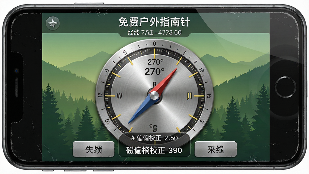 主体:智能手机横屏显示“免费户外指南针”罗盘界面,指针指向270°西方向,屏幕下方显示磁偏角校正数值。布局:罗盘表盘占据屏幕中心,刻度清晰,顶部显示当前经纬度,底部为功能按钮。排版:界面信息层级分明,数字与刻度字体清晰易读,色彩对比柔和。风格:户外实用风格,表盘采用磨砂金属质感,背景为渐变绿色山林。细节:屏幕上有细微的磨损痕迹,暗示长期户外使用,罗盘边缘有反光效果,文字标签“免费户外指南针”位于屏幕上方。画质:高清渲染,纹理真实,干净无多余元素。