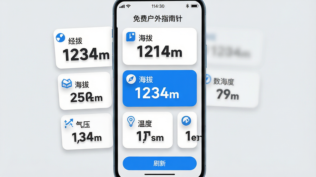 主体:手机竖屏界面展示“免费户外指南针”的多功能数据面板,包含经纬度、海拔、气压、温度等卡片式数据。布局:数据卡片以网格排列,每张卡片左上角有对应图标,当前海拔卡片高亮显示。排版:卡片圆角设计,文字左对齐,数字采用大号加粗字体,背景为浅灰色。风格:简约现代,色彩以白色与蓝色为主,数据卡片带有阴影效果。细节:屏幕顶部状态栏显示电量与时间,底部有“刷新”按钮,卡片上文字清晰可辨,如“海拔 1234m”。画质:超清分辨率,界面干净整洁,无多余元素。