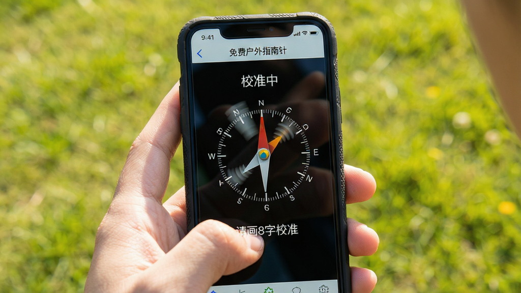 主体:一部手机正在运行“免费户外指南针”应用,屏幕显示罗盘校准页面,用户手持手机画“8”字。布局:手机居中,用户的手部动作清晰可见,屏幕上有“校准中”提示。排版:界面简洁,背景为户外草地,阳光明媚。风格:写实风格,色彩明亮,突出校准动作。细节:屏幕上的罗盘指针晃动,提示文字“请画8字校准”,手机边缘有防滑纹理。画质:高清,清晰自然,干净无多余元素。
