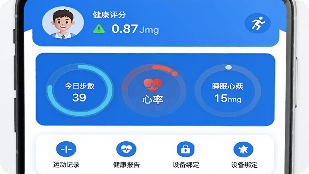ͼƬչʾ��������APP�������棬�������¼�Լ����Ʒ���Ϸ���ʾ�û�ͷ���뽡�����֣��м��ǻ���ͼ��չʾ���ղ��������ʺ�˯�����ݣ��·����й���ͼ�����˶���¼���������桢�豸�󶨵ȣ�������ɫ����ɫ�Ͱ�ɫΪ�������ʸɾ����޶���Ԫ��