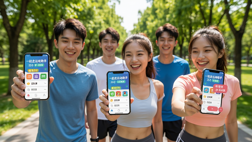 一群充满活力的年轻人正在公园里拿着手机一起步行,手机屏幕上显示“一起走运动助手”的活动挑战页面,有“每日打卡”、“团队赛”等标签,大家脸上洋溢着笑容,背景为绿树成荫的步道,阳光明媚,整体风格青春动感,采用真实摄影风格,构图饱满,画质高清,干净无多余元素