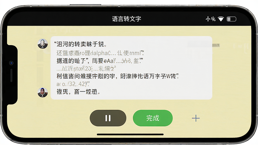 手机横屏使用“语言转文字”APP,屏幕显示一段正在转写的对话,下方有暂停和完成按钮,背景为淡黄色,整体风格写实,细节清晰,画质高清,干净无多余元素