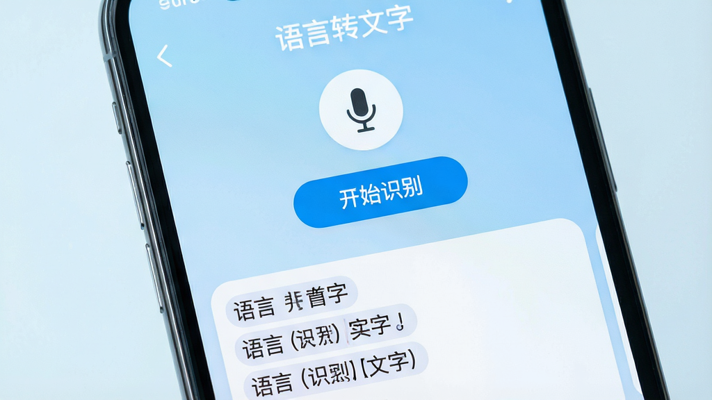 一张智能手机屏幕的正面特写,屏幕中央显示“语言转文字”APP的主界面,界面上方有麦克风图标和“开始识别”按钮,下方是实时滚动的文字识别结果,背景为淡蓝色渐变,整体风格简洁明亮,现代感强,画质清晰干净,无多余元素