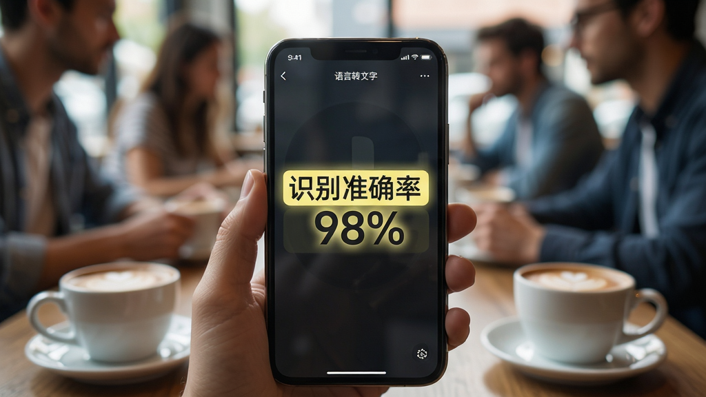 展示“语言转文字”APP在嘈杂咖啡馆中工作的场景,手机屏幕显示高亮文字:“识别准确率98%”,背景有模糊的人群和咖啡杯,主体为手机特写,布局居中,排版简洁,风格写实,细节丰富,画质高清,干净无多余元素