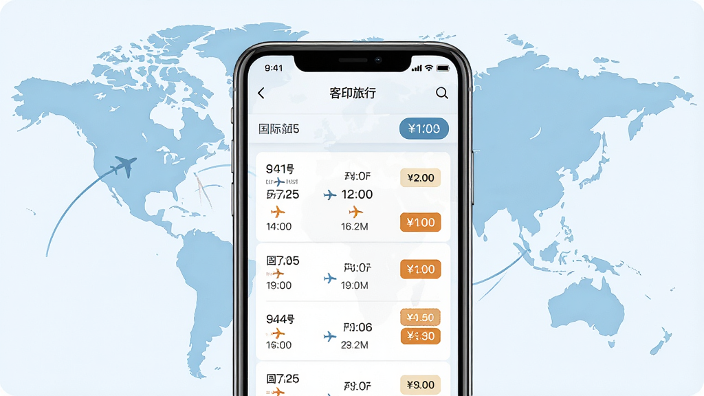一张展示客印旅行app核心界面的高清宣传图,主体为手机屏幕内呈现的国际航班搜索结果列表,布局清晰,包含航班号、起降时间、价格标签,背景为淡蓝色世界地图轮廓,风格现代简洁,细节丰富,画质干净无多余元素。