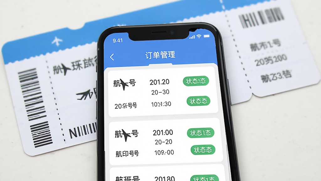 客印旅行app订单管理界面展示图,主体为手机屏幕上的行程列表,包含航班号、日期与状态标签,背景为登机牌元素的装饰,布局简洁明了,风格清爽,细节到位,画质干净。