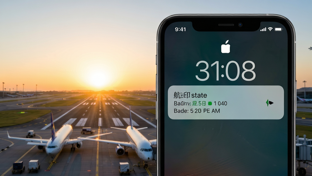 客印旅行app航班动态提醒功能示意图,主体为手机锁屏通知界面,显示航班状态更新,背景为机场跑道与日出,构图简洁,风格写实,信息清晰,画质干净。