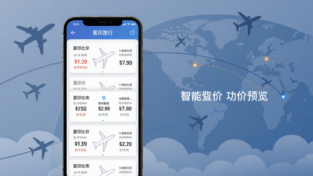 客印旅行app的智能比价功能预览图,主体为手机界面展示多个航班卡片对比,卡片上标注价格与时长,背景有飞机剪影与航线图,排版整齐,风格扁平化,细节清晰,画质干净。