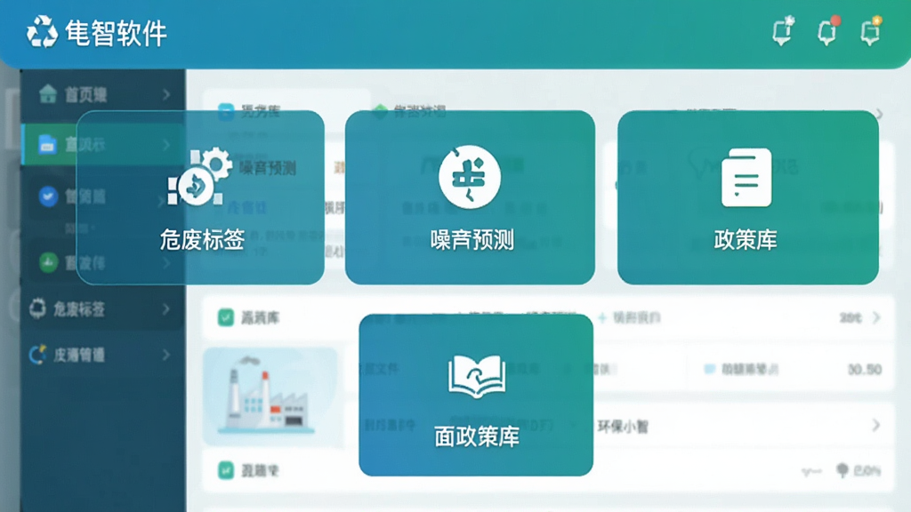 环保小智软件主界面预览图,展示首页功能模块布局,包括危废标签、噪声预测、政策库等核心入口,界面风格简洁现代,以蓝绿色为主色调,图标清晰,排版整齐,整体呈现专业工具类App的视觉风格,画质清晰干净,无多余元素