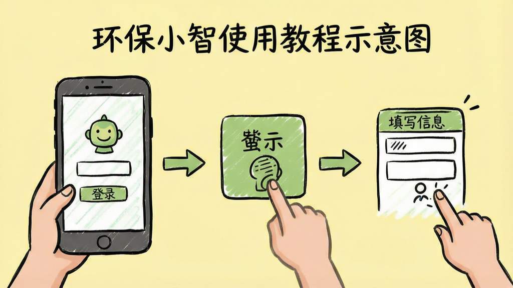 环保小智使用教程示意图,展示手机操作步骤,包括登录、点击模块、填写信息等流程,用箭头指示,背景为浅黄色,手绘风格,画面干净,无多余元素