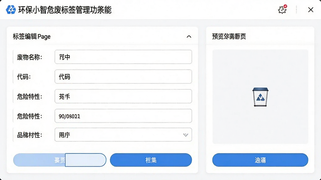 环保小智危废标签管理功能界面,展示标签编辑页面,包含废物名称、代码、危险特性等字段,右侧有预览窗口,界面以白色背景为主,蓝色按钮点缀,操作按钮清晰,整体风格清爽专业,画质干净,无多余元素