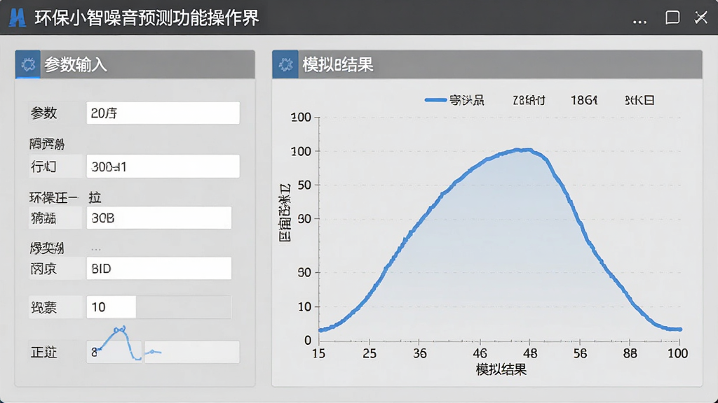 环保小智噪声预测功能操作界面,展示参数输入表单和模拟结果曲线图,背景为浅灰色,图表用蓝色线条显示,界面布局清晰,左侧输入区,右侧结果展示区,风格偏工业风,画质锐利,无多余元素