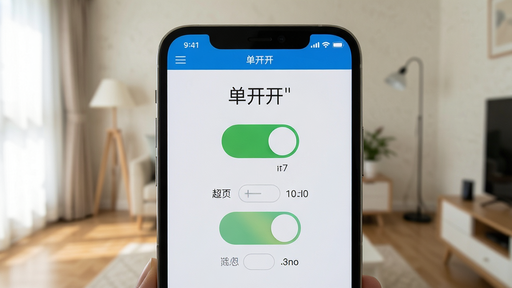 一张显示“单开开”软件在手机上运行的截图,手机屏幕清晰展示开关控制界面,背景为室内场景,风格自然,画质高清,干净无多余元素。