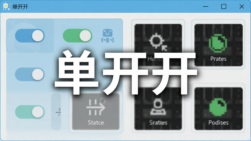 一张展示“单开开”软件主界面的高清截图,界面包含多个开关按钮和设备状态图标,布局简洁,风格现代,整体色调为浅蓝与白色,画质清晰,干净无多余元素,突出软件名称“单开开”字样。