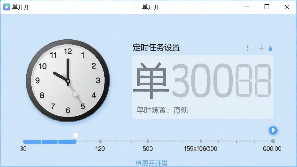 展示“单开开”软件定时任务设置界面,时钟图标与时间轴元素,背景为淡蓝色,整体风格清晰,画质细腻,无多余元素,带有“单开开”字样。