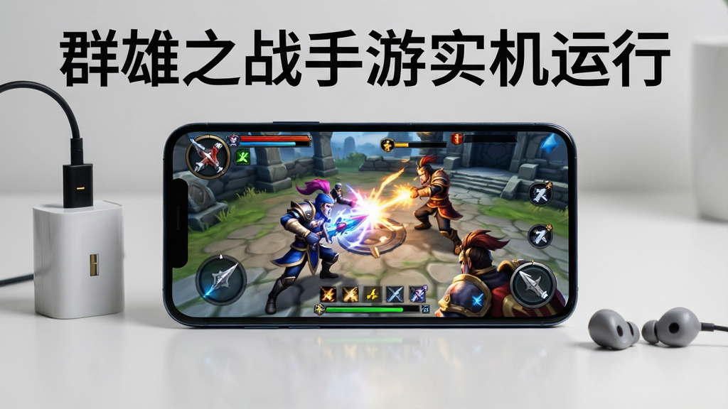画面展示一部智能手机横屏运行游戏,屏幕内显示战斗界面,旁边有充电器和耳机。主体是手机,布局居中,背景简洁。写实风格,屏幕内容清晰可见,光线柔和。画质高清,干净无多余元素,图片中打文字“群雄之战手游实机运行”。