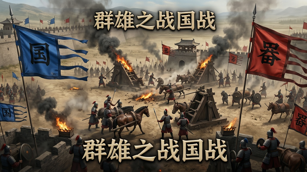 画面展现三国战场全景,左侧是魏国蓝色军旗,右侧是蜀国红色军旗,中间是激烈的攻城战,士兵与攻城器械交错。俯视视角,布局宏大,战场细节丰富。写实风格,烽火硝烟效果逼真,光影层次分明。画质高清,干净无多余元素,图片中打文字“群雄之战国战”。