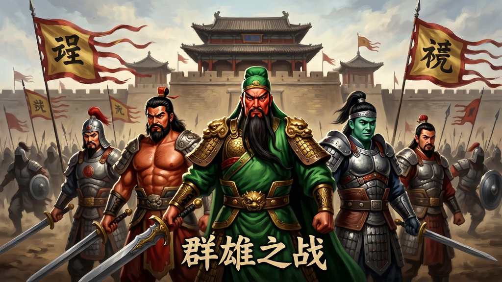 画面中央是手持长剑的关羽、张飞、赵云等三国名将并肩站立,身后是巍峨的城池与飘扬的战旗,远景有千军万马冲锋的剪影。整体布局采用对称构图,主角群像占据画面中心,背景层次分明。写实厚涂风格,光影质感强烈,细节刻画铠甲纹路与旗帜飘动。画质高清,干净无多余元素,图片中打文字“群雄之战”。