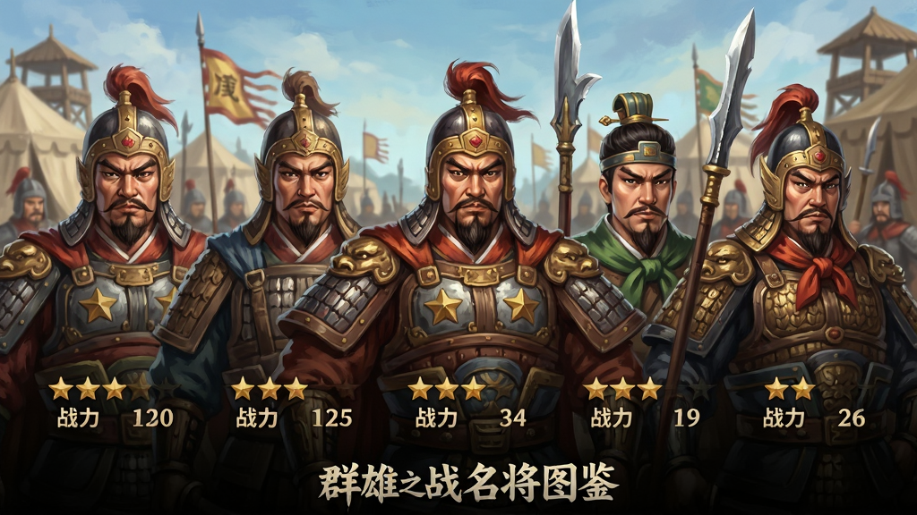 画面展示一排三国名将的半身立绘,每位武将下方显示星级与战力数值,背景是军营校场。布局采用横向排列,突出角色细节。半厚涂风格,立绘精细,面部表情生动,铠甲与武器纹理清晰。画质高清,干净无多余元素,图片中打文字“群雄之战名将图鉴”。