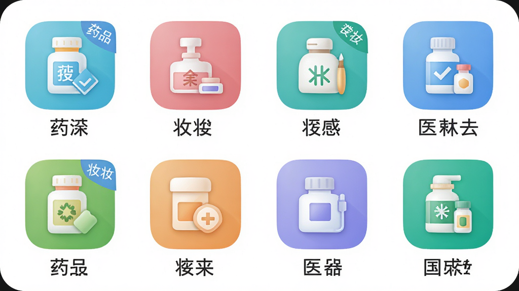���壺ʳҩ����APP�����ѯ���棬չʾҩƷ����ױƷ��ҽ����е��ͼ�ꡣ���֣��ֻ�����ƽ�̣�ÿ��ͼ���·��ж�Ӧ���֡��Ű棺���񲼾֣�ͼ��Բ�󡣷�����¼�Լ����ɫͼ�ꡣϸ�ڣ�ÿ��ͼ������С��ǩ�硰ҩƷ������ױƷ�������ʣ����壬����������