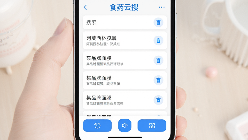 ���壺ʳҩ����APP���ֻ��ϵ����н�ͼ��չʾ������ʷ�б������֣��ֻ���Ļ���У��·��й��ܰ������Ű棺�б�ʽ���֣�ÿ���Ҳ���ɾ����ť����񣺼���ɫ��������ɫ������ť��ϸ�ڣ���ʷ��¼��������Ī���ֽ��ҡ���ĳƷ����Ĥ���ȡ����ʣ����壬ɫ����͡�