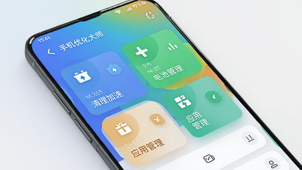手机优化大师主界面预览图,展示手机屏幕中优化大师的仪表盘风格UI,包含清理加速、电池管理、应用管理等功能卡片,背景为渐变色,整体风格现代简约,文字清晰,画质干净,无多余元素