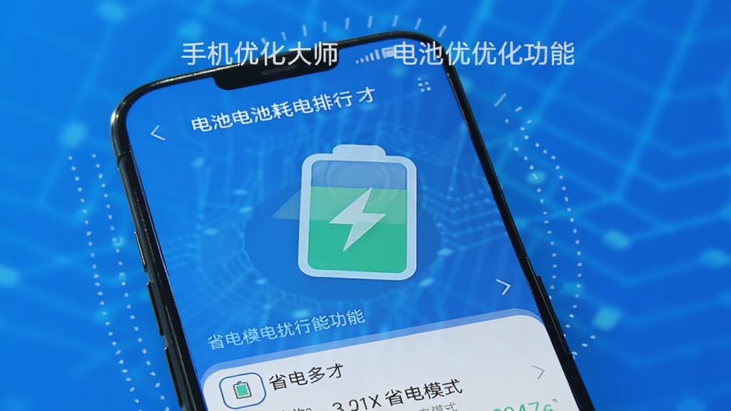 手机优化大师电池优化功能预览图,展示手机屏幕中电池耗电排行和不同省电模式的选项,背景为蓝色节能风格,电池图标醒目,排版清晰,画质干净,无多余元素