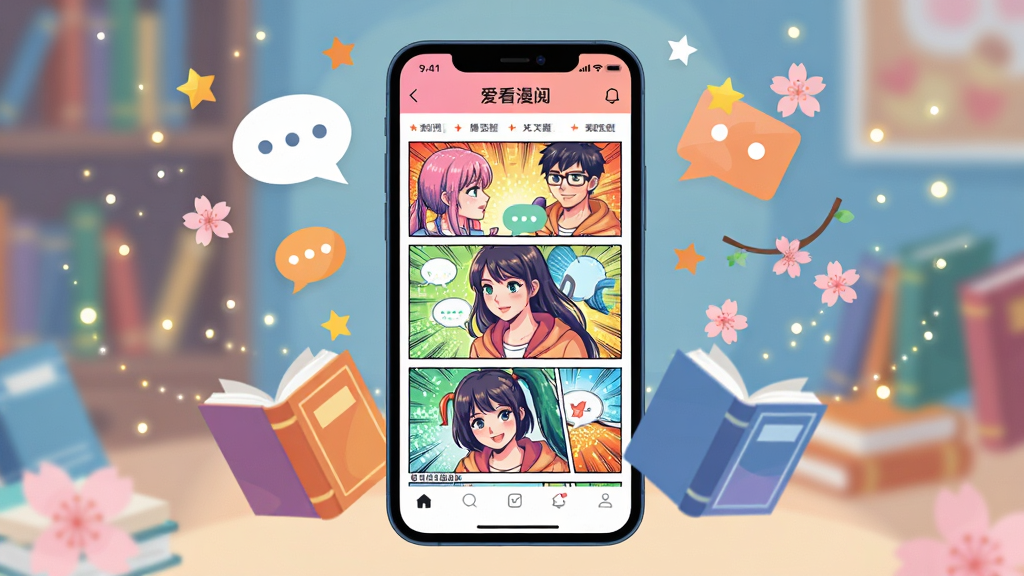 主体:一部智能手机屏幕显示爱看漫阅APP的漫画阅读界面,屏幕上展示色彩鲜艳的漫画页面,手机周围漂浮着漫画元素如对话气泡、星星、樱花。布局:手机位于画面中央,周围环绕着象征海量资源的书本和光点。排版:主体突出,背景虚化。风格:现代扁平化插画风格,色彩明快。细节:手机屏幕上的漫画页面清晰可辨,有“爱看漫阅”字样。画质:高清,干净,无多余元素。