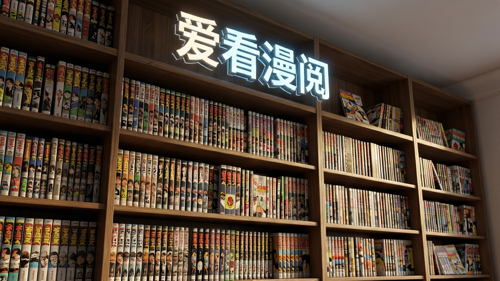 主体:一个巨大的书架,书架上摆满了各种漫画书,书脊上印有不同漫画的封面图案,书架上方漂浮着一个发光的“爱看漫阅”标志。布局:书架占据画面主体,标志位于上方中央。排版:层次分明,书架纵深感强。风格:3D渲染风格,光影效果真实。细节:书架上的漫画书色彩斑斓,书脊文字清晰。画质:超清,细腻,无多余元素。