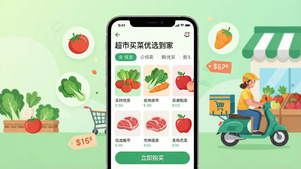 主体:现代简约风格的手机购物界面,展示“超市买菜优选到家”应用,屏幕上有新鲜蔬菜、水果、肉类等商品图片,配送骑手在背景中。布局:手机居中,界面清晰展示商品分类和“立即购买”按钮,背景为淡绿色渐变,配以蔬菜和超市元素。排版:手机界面为主视觉,周边有漂浮的蔬菜图标和价格标签,整体平衡。风格:扁平化插画风格,色彩明亮清新,富有生活气息。细节:界面显示“超市买菜优选到家”字样,商品细节丰富,包括西红柿、青菜、苹果等,骑手形象活泼。画质:高清,干净,无多余元素。
