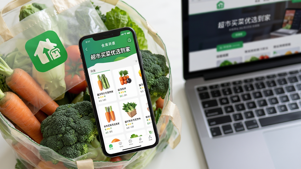 主体:一部智能手机屏幕显示“超市买菜优选到家”应用界面,旁边有一袋新鲜蔬菜和一部打开的笔记本电脑。布局:手机和蔬菜位于画面中央偏左,电脑在右侧背景虚化,整体为俯拍视角。排版:手机屏幕清晰展示商品列表,蔬菜袋上印有应用logo,电脑屏幕模糊显示官网页面。风格:写实摄影风格,自然光,画面整洁。细节:手机屏幕上有“超市买菜优选到家”文字,蔬菜袋中有胡萝卜、西兰花,电脑键盘可见。画质:高清,干净,无多余元素。