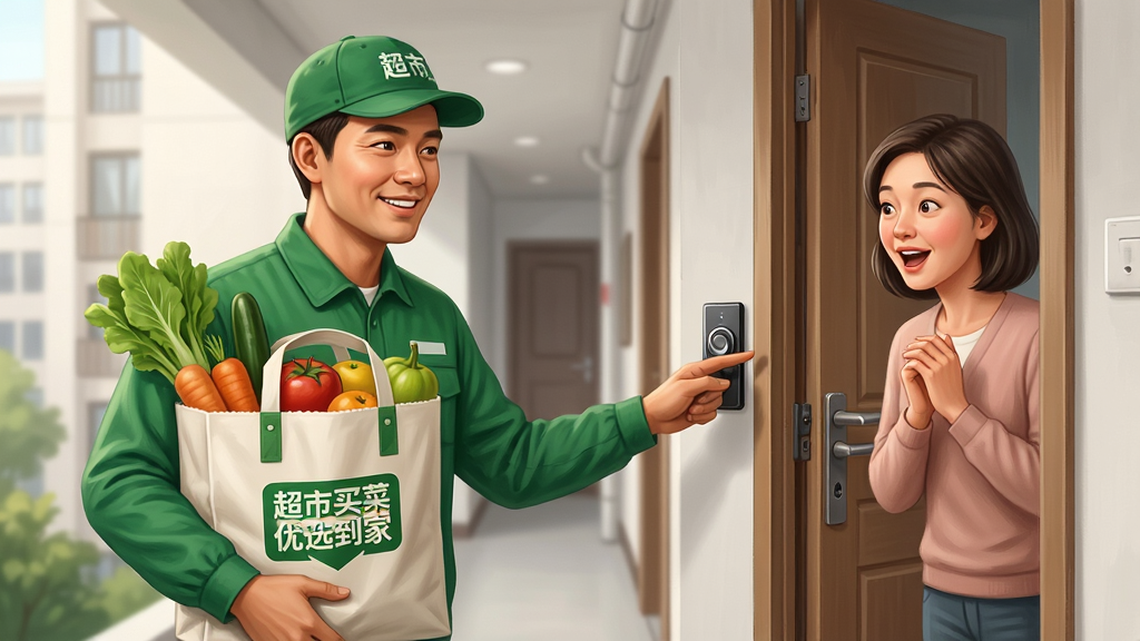 主体:一位笑容可掬的配送骑手,身穿绿色工服,手提装满新鲜食材的购物袋,站在用户家门口按门铃。布局:骑手在画面左侧,右侧为打开的家门和用户惊喜的表情,背景为居民楼走廊。排版:骑手与用户形成互动关系,购物袋中露出蔬菜和水果,画面充满生活气息。风格:写实插画风格,色彩真实自然,光线柔和。细节:购物袋上有“超市买菜优选到家”的logo,食材新鲜可见,用户表情满意。画质:高清,干净,无多余元素。