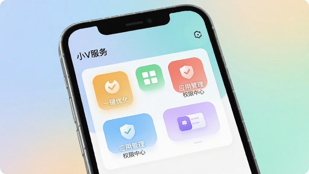 主视觉画面中,一部智能手机屏幕内展示着简洁的“小V服务”主界面,界面采用卡片式布局,包含“一键优化”、“应用管理”、“权限中心”等彩色功能图标,背景为柔和的渐变色,整体风格扁平化、现代感强,画质干净,无多余元素。