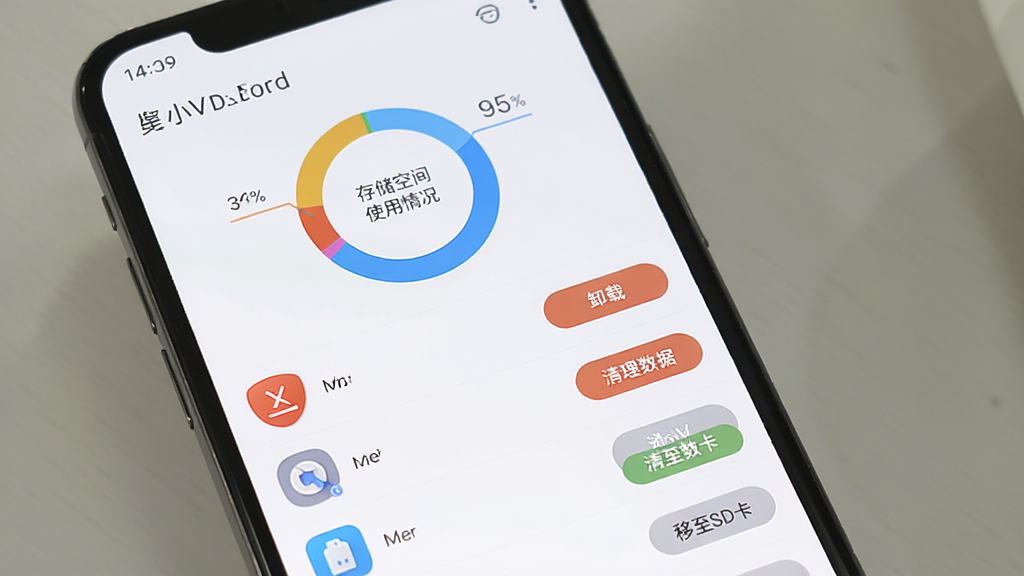 展示“小V服务”应用管理界面的图片,手机屏幕内显示一个应用列表,每个应用条目右侧有“卸载”、“清理数据”和“移至SD卡”等操作按钮,列表上方有存储空间使用情况的环形统计图,设计风格清晰明了,色彩搭配舒适,画质干净,无多余元素。