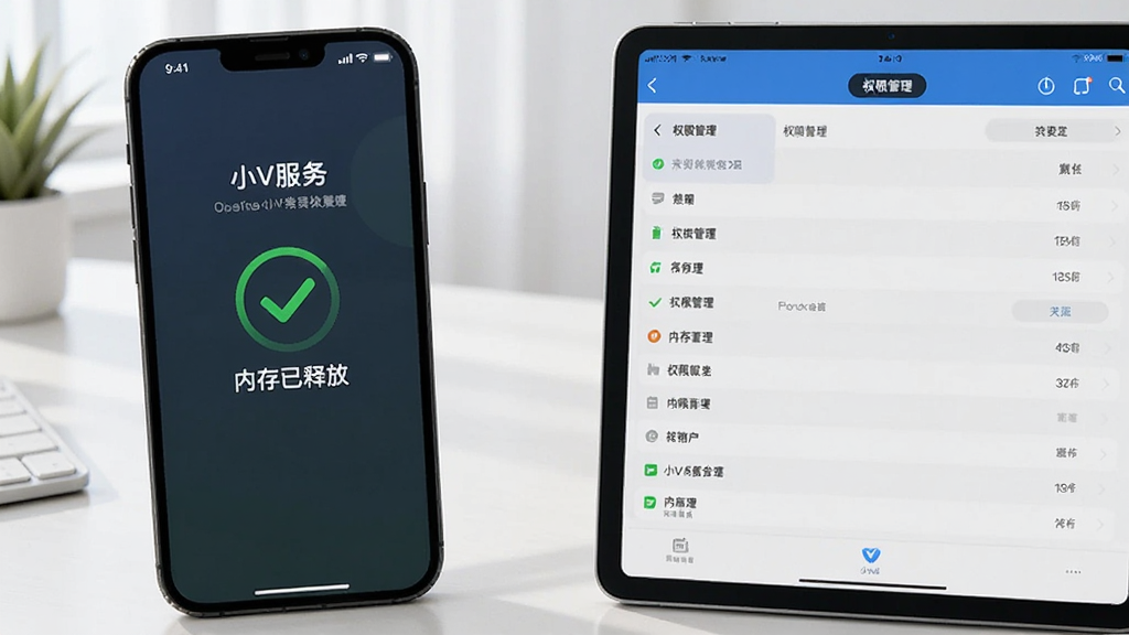 一张展示“小V服务”使用场景的图片,左侧是一部手机,屏幕上显示着优化完成的打勾动画和“内存已释放”的提示,右侧是一个平板电脑,显示着权限管理的详细列表,背景是干净的桌面,光线明亮,画质清晰,风格写实,无多余元素。