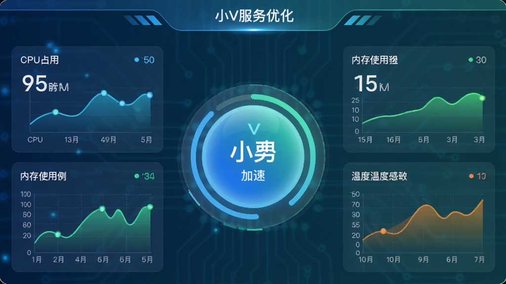 一张展示“小V服务”性能优化功能的界面截图,中央是一个圆形的加速按钮,周围环绕着实时变化的CPU占用率、内存使用量和温度数据图表,色彩以科技蓝和清新绿为主,界面UI设计精致,数据可视化清晰,画质高清,无多余杂物。