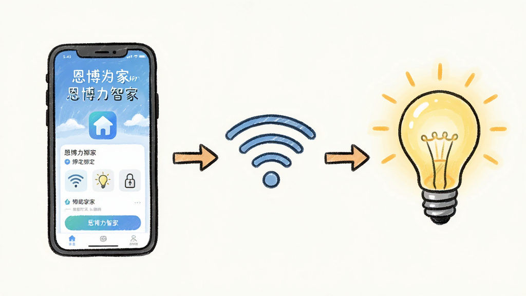 主体:恩博力智家App使用指南插图,展示手机连接智能家居设备的过程,包括配网、绑定、控制。布局:从左到右依次为手机、Wi-Fi图标、智能灯泡。排版:步骤箭头连接,清晰易懂。风格:手绘风,浅色背景。细节:手机屏幕显示“恩博力智家”界面,灯泡亮起。画质:干净,无多余元素。