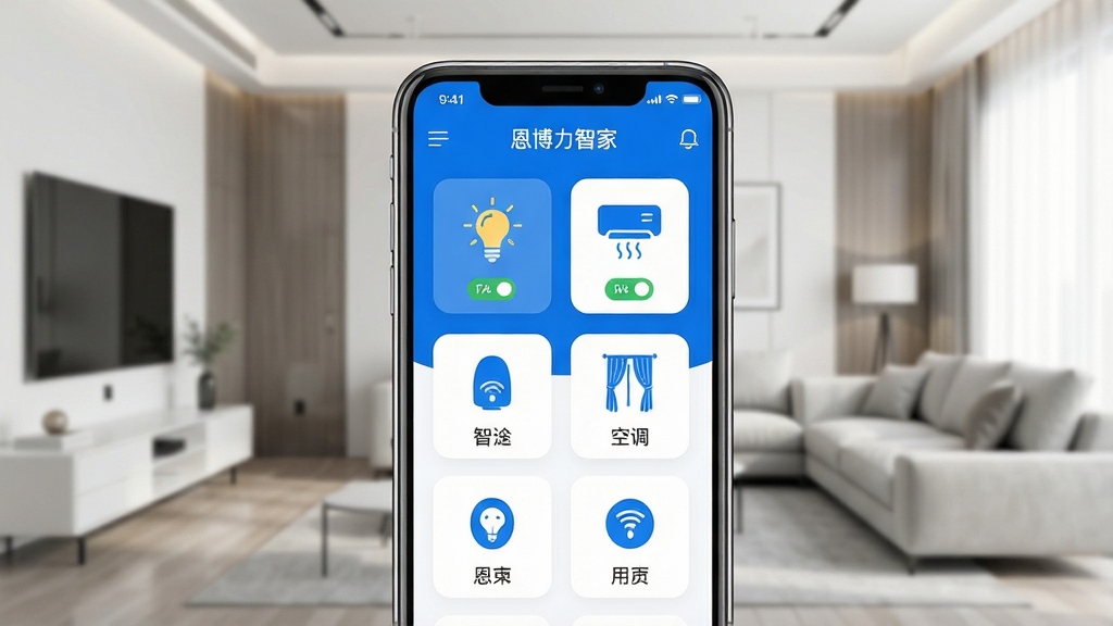 主体:恩博力智家App界面展示,手机屏幕中显示智能家居控制面板,包含灯光、空调、窗帘等设备图标,背景为现代简约客厅。布局:手机居中,屏幕内容清晰可见,周围留白。排版:界面图标整齐排列,色彩以蓝白为主。风格:科技感,干净明亮。细节:屏幕中显示“恩博力智家”字样,设备状态为开启。画质:高清,干净,无多余元素。