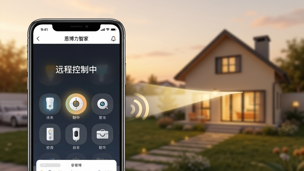 主体:手机远程控制智能家居场景,手机屏幕显示恩博力智家App控制界面,背景为户外场景。布局:手机位于画面左侧,右侧为房屋轮廓。排版:屏幕中显示“远程控制中”字样,设备图标亮起。风格:现代感,色调温暖。细节:手机与房屋之间有一条光线连接,象征远程通讯。画质:高清,干净,无多余元素。