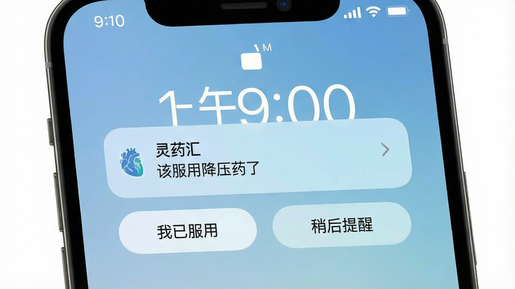 一张手机锁屏界面截图,中央显示“灵药汇”用药提醒通知,通知文字为“该服用降压药了”,背景为柔和的渐变蓝色,通知卡片圆角设计,下方有两个按钮“我已服用”和“稍后提醒”,整体风格简洁,锁屏时间显示上午9:00,画面干净,无多余元素,高清画质